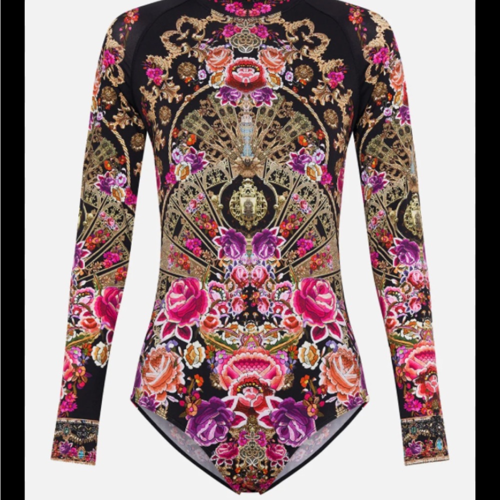 Camilla Long Sleeve Floral Print One-Piece Swimsuit in Black and Pink Size M - Picture 2 of 16